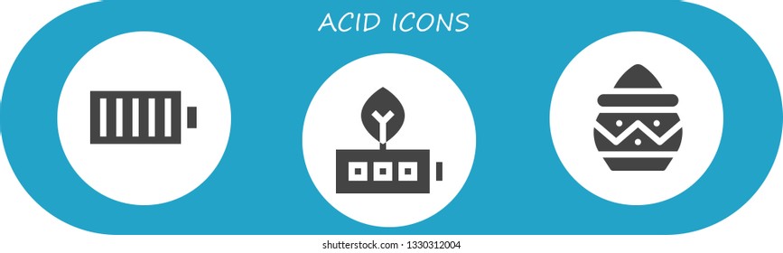 acid icon set. 3 filled acid icons.  Collection Of - Full battery, Battery, Powder