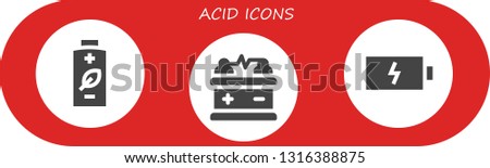 acid icon set. 3 filled acid icons.  Collection Of - Battery