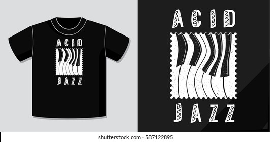 Acid Jazz Calligraphy Illusion Logo Lettering and Distorted Piano Keys on Dot Stamp with Application Example on T-Shirt Vector Template - White on Black Background - Flat Contrast Graphic Design
