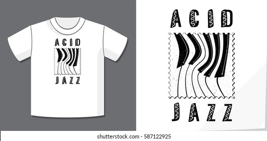 Acid Jazz Calligraphy Illusion Logo Lettering and Distorted Piano Keys on Dot Stamp with Application Example on T-Shirt Vector Template - Black on White Background - Flat Contrast Graphic Design