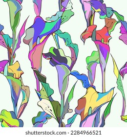 Acid lilies on white background, hand drawn multicolor floral seamless background