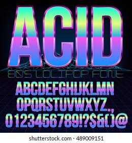 Acid Lollipop style Retro futurism 80's sci-fi metallic chrome violet colored bright style action movie vector font set.