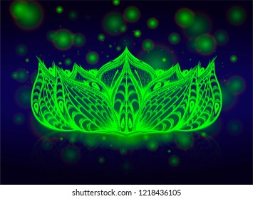 Acid lotus flower on the black background with glows.