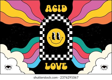 Acid love vector. Trippy portal to the colorfull universe. Space love