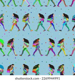 Acid multicolored seamless pattern with young female students with long hair, with backpacks and delivery girl boxes moving forward quickly. Vector illustration, EPS 10. Hiking and delivery concept.