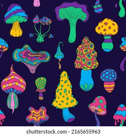 Acid mushrooms pattern. Seamless print of psychedelic trip colorful amanita and toadstool mushrooms. Vector hippie magic texture. Fantastic fairytale plants, toxic and poisonous food