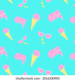 Patrón de neón ácido sin fisuras con helados, gafas de sol y texto de burbujas. Dibujo moderno de una línea. Diseño creativo minimalista. Jugosa ilustración vectorial.