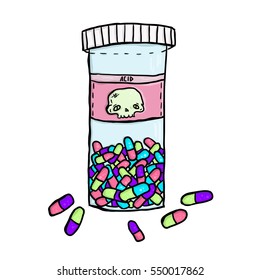 Acid pills in bottle with skull. Multicolored psychodelic pills.