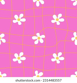 Acid pink groovy seamless pattern with white flowers. Retro hippie psychedelic chamomile texture. Melted checkered vector design. Great for textile, fabric, stationery, wallpapers and wrapping