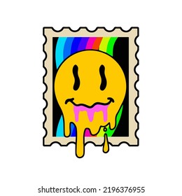 Acid postage stamp with yellow smile face. Rainbow pattern. Rave and techno poster of 90s.