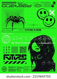 Acid poster in futuristic style with anime girl in cyberpunk style. Retrofuturistic card, poster, print for typography, merch, street wear, t-shirt. Futuristic acid graphic, y2k, cyberpunk. Vector