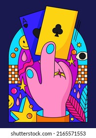 Acid poster with a hand holding playing cards. The concept of gambling, betting, casino and poker. techno futuristic design. Hand drawn vector illustration in trendy colors. Colorful flat design.