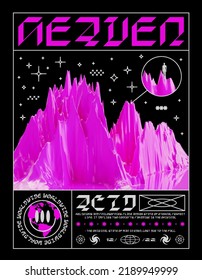 Acid poster with pink mountains. Techno style with retro futuristic elements, print for T-shirts, hoodies and sweatshirts