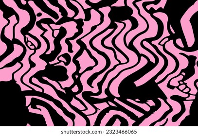 Acid psychedelic black and pink print with abstract melting blobs and lines in retro hippie style.