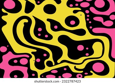Acid psychedelic black and yellow print with abstract melting blobs and lines in retro hippie style.