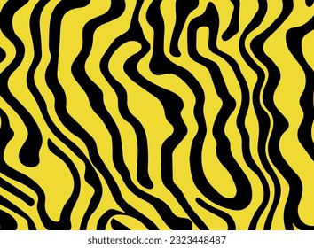 Ácido psicodélico de impresión negra y amarilla con blobs y líneas de fusión abstractas al estilo hippie retro.