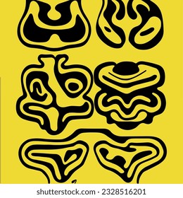 Ácido psicodélico de impresión negra y amarilla con blobs abstractos de fusión en estilo retro hippie.