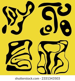Ácido psicodélico de impresión negra y amarilla con blobs abstractos de fusión en estilo retro hippie.