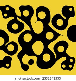 Acid psychedelic schwarz-gelb Druck mit abstrakten Schmelzblobs im Retro-Hippie-Stil.