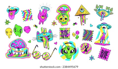 Acid psychedelic stickers. Trippy trendy sticker in crazy cartoon style 80s 60s, surreal abstract bright patch weird groovy design, funny neon art classy vector illustration of trippy acid sticker