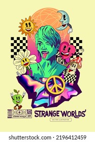 Acid psychedelic and surreal characters and elements events background. Vector illustration