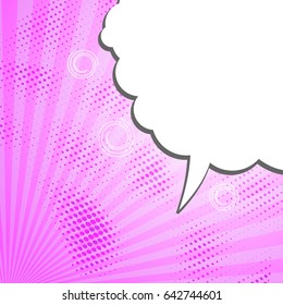 acid purple comic pop-art speech bubble random dots sun rays. vector illustration