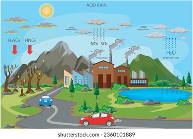 La lluvia ácida, causada por las emisiones de dióxido de azufre y óxidos de nitrógeno, provoca precipitaciones ácidas, dañando el medio ambiente. 