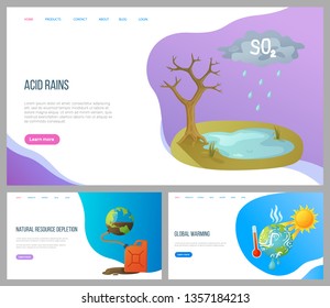 Acid rain, natural resource depletion, global warming set. Cataclysm and pollution planet, atmosphere and water hot weather empty soil vector. Website or landing page flat style. Concept for Earth day
