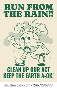 Afiche de la lluvia ácida con la tierra retro mascota ilustración contorno versión