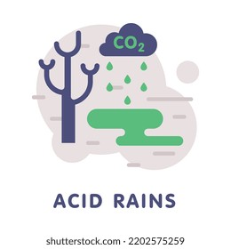 Acid Rains with Bare Tree, Cloud and CO2 with Drops of Toxic Emission Vector Illustration