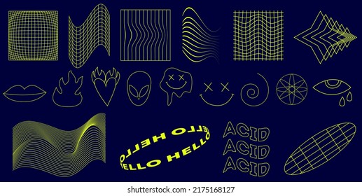 Acid rave big set. Psychedelic surrealistic line yellow elements. Psychedelic trippy illustrations. Set of deformed grids and psychedelic elements for music and another posters