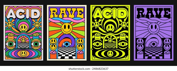 Gráficos Acid Rave. Genial Conjunto De Afiches Groovy. Colección Del Diseño De Vector De Patrón Abstractas Y2k. Ilustración de arte Pop.