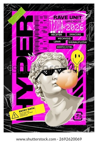 Acid rave poster. Apollo statue in pixel glasses blows bubblegum. Plastic bag texture background. Techno style typography. Utilitarian graphic elements. Brutalism, maximalism and punk aesthetics.