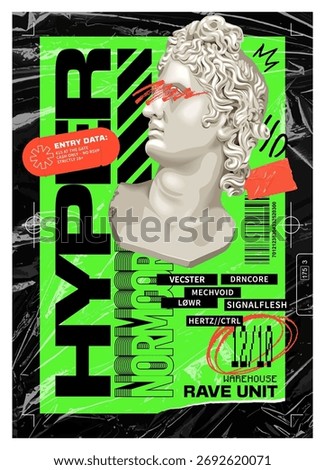 Acid rave poster. Apollo statue. Utilitarian and street art graphic elements. Techno style typography. Plastic bag texture background. Brutalism, maximalism and punk aesthetics. EPS10 vector.