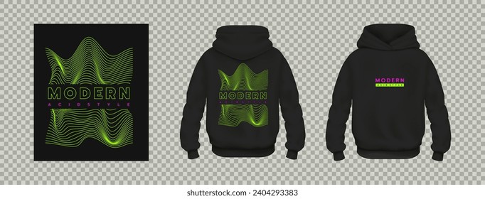 Acid rave print. Hoodie mockup. Trendy sweatshirt design element. Black clothes with Y2k abstract pattern. Unisex apparel. Distorted neon lines. 3D merchandise. Product cards. Vector casual jumper