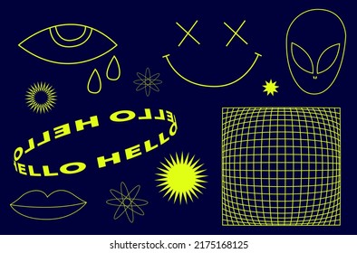 Acid Rave set. Psychedelic trippy line yellow  illustrations