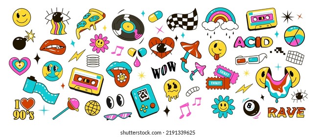 Acid Rave Set. Psychedelic Trippy, Acidic Abstract Characters And Objects. A Set Of Y2K-style Elements For Graphic Design. Vector Illustration