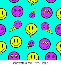 Acid rave smile pattern. Trippy, psychedelic, trend pattern. Vector illustration.