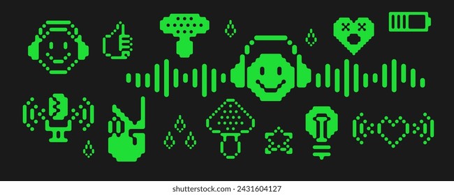 Acid rave style design elements icon set. Music lover, radio, podcast minimalist vector illustration. Smiling head in headphones flat isolated sign. 90s graphic design style. Disco, clubber, nightclub