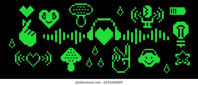 Acid rave style design elements icon set. Music lover, radio, podcast minimalist vector illustration. Smiling head in headphones grunge style flat isolated sign. Disco, clubber, nightclub 90s.