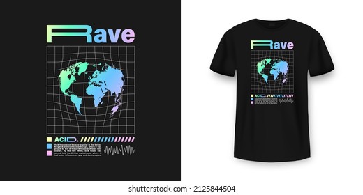 Acid rave t-shirt design. Psychedelic t-shirt mockup with futuristic acid design elements. Poster design for techno music. Music rave t-shirt design. Vector