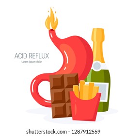Acid reflux disease concept. Human stomach on fire, cut view. Vector illustration in flat style.
