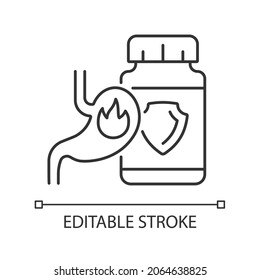 El reflujo ácido complementa el icono lineal. Medicación para el alivio de las quemaduras de corazón. Problemas de digestión. Ilustración personalizable de línea delgada. Símbolo de contorno. Dibujo de contorno aislado del vector. Trazo editable