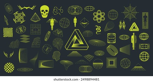 Acid retro Y2K icons and elements. 3D geometric shapes and retro futuristic logol, futuristic icons. Graphic artistic set - elements, 3D objects, icons. Vector Y2K graphic