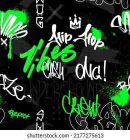 Acid Seamless Pattern with street art graffiti and tags. Green, black, white colors. Toxic acid graffiti mud in vector seamless pattern for typographic, merch, t-shirt. Graffiti stencil with tags