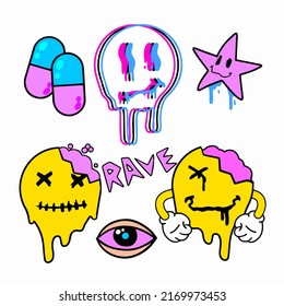 Acid Smile Face With Brain. Melted Rave Set And Techno Symbol Of 90s. Eye And Drug Dope