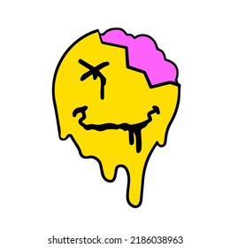 Sonrisa ácida frente al cerebro. Símbolo de rave fundido y tecno de los 90. Impresión psicodélica de moda