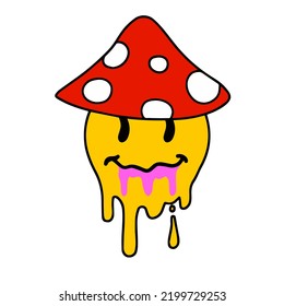 Acid smile face with brain. Melted rave and techno symbol of 90s. Crazy mushroom