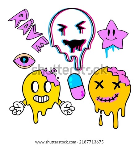 Acid smile face with brain. Melted rave set and techno symbol of 90s. Eye and drug dope