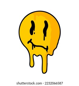 Acid smile face. Psychedelic symbol of rave and techno. Funny sticker for crazy print.